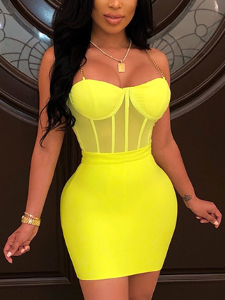 LW SXY Metal Accessories Decoration Yellow Two Piece Skirt Set