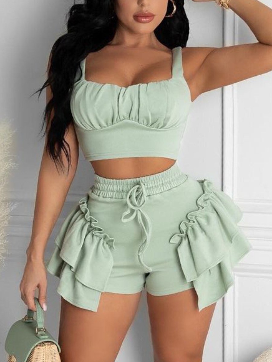 LW Sweet Flounce Design Ruched Drawstring Green Two Piece Shorts Set