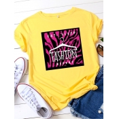 Lovely Casual O Neck Letter Print Yellow Plus Size