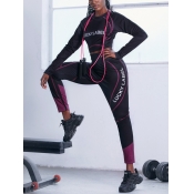 Lovely Sporty Letter Print Striped Black Two Piece
