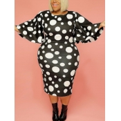 Lovely Casual Dot Print Batwing Sleeve Black Knee 