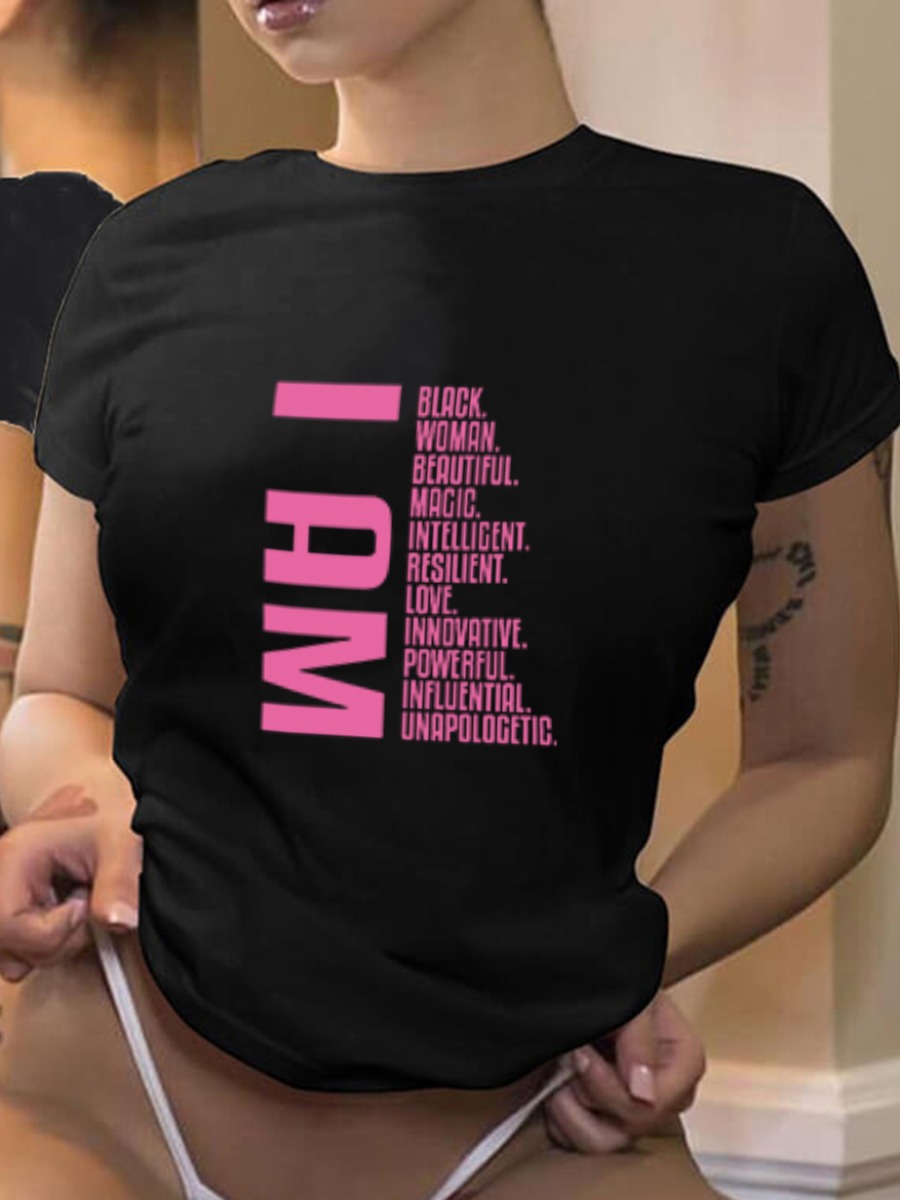 LW Casual O Neck Letter Print Black T-shirt