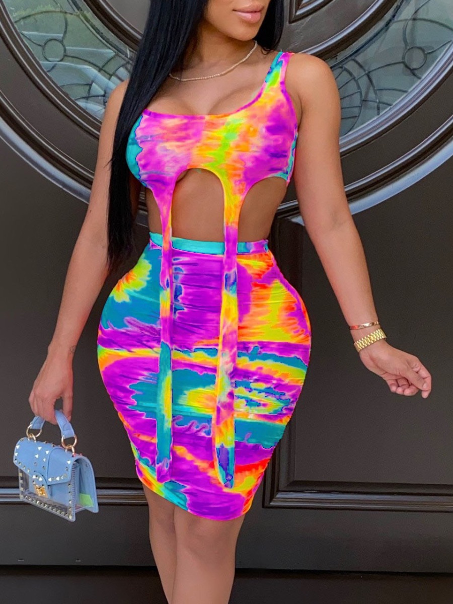 LW SXY Tie Dye Tassel Design Purple Two Piece Skirt Set