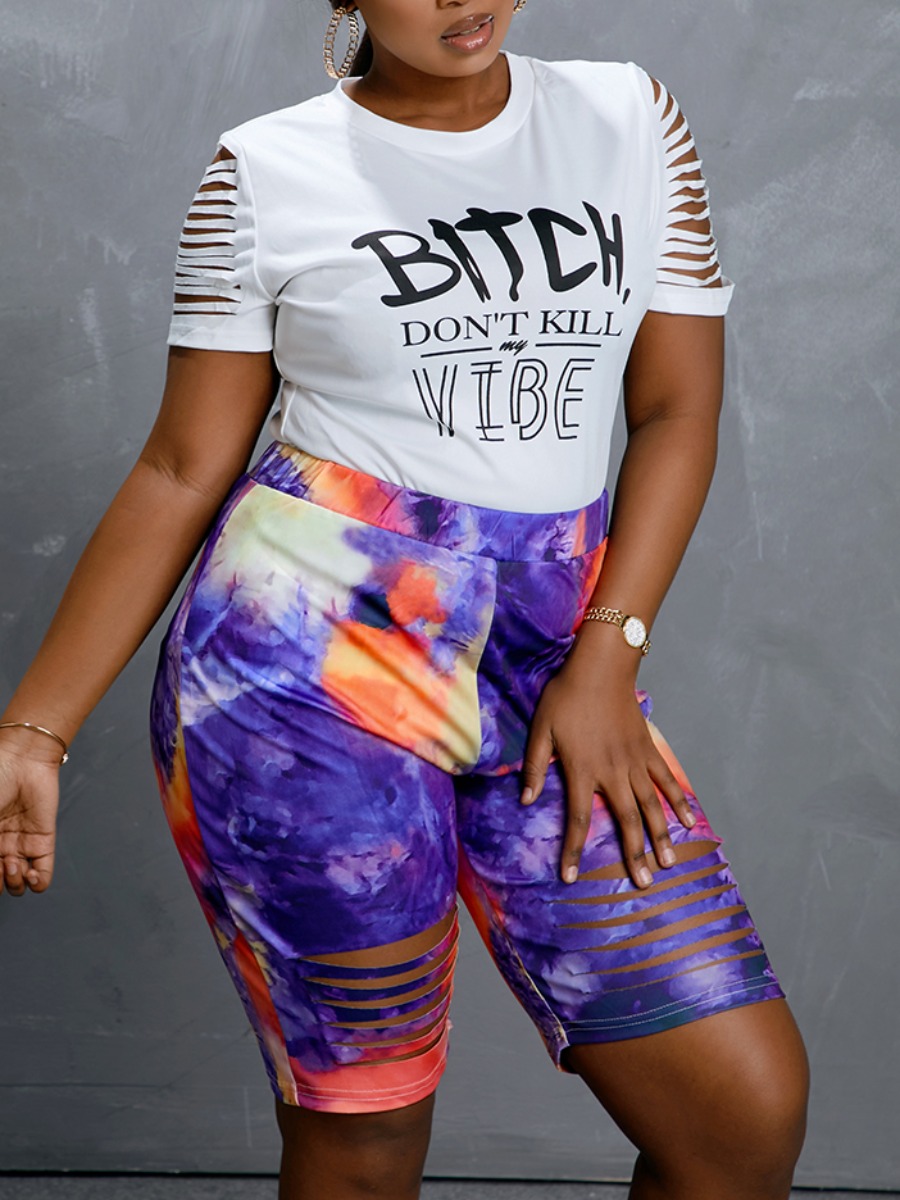 Lovely Street Letter Print Ripped Tie-dye Purple Plus Size Two-piece Shorts Set
