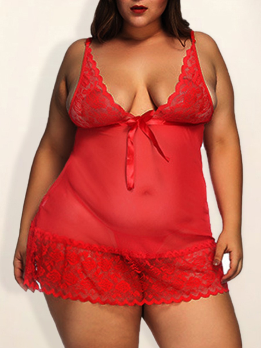 Lovely Plus Size Sexy Lace Patchwork Red Babydoll
