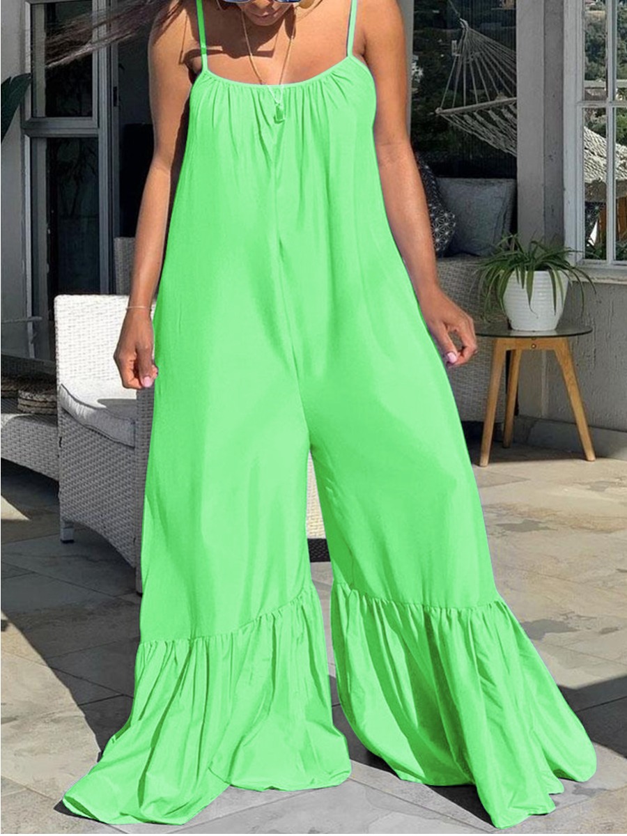 LovelyWholesale Plus Size Ruffle Design Loose Cami Jumpsuit Spring|Summer Sleeveless Vacation Ruffle Spaghetti Strap  5X Spring Summer 2024