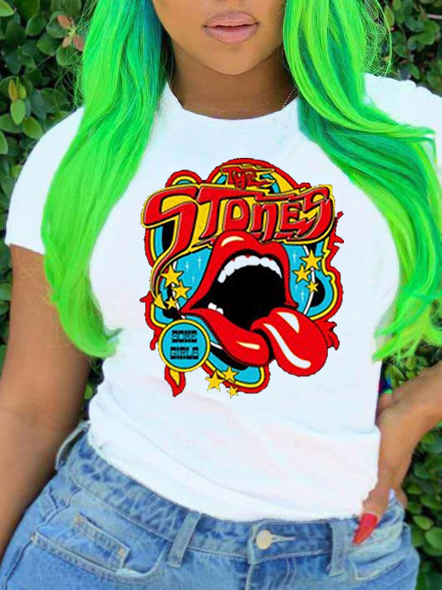 LovelyWholesale Plus Size Street Lip Letter Print White T-shirt Summer Short Sleeve Street Basic Round Neck  3X Spring Summer 2024