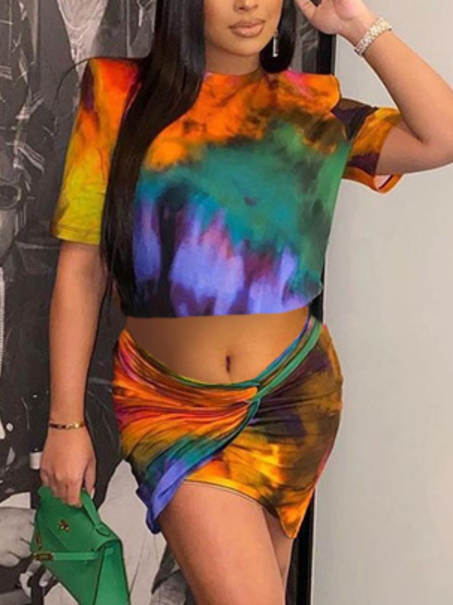 Lovely Street O Neck Tie Dye Croci Two Piece Skirt Set