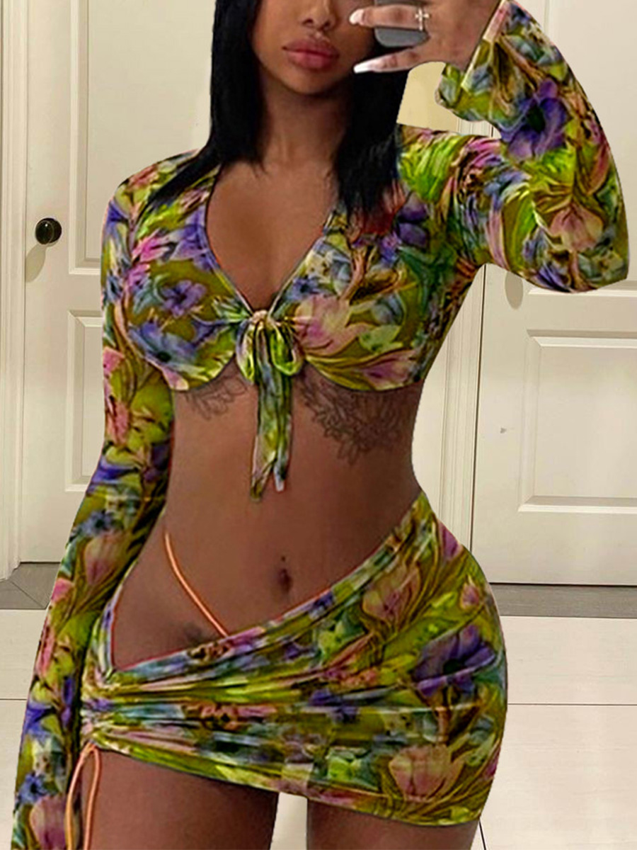 LW Boho Floral Print Bandage Design Purple Three-piece Swimsuit