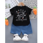 Lovely Boy Casual Planet Letter Print Black Two Pi