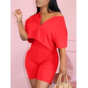 LW Casual V Neck Elastic Red Two Piece Shorts Set