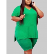 LW Plus Size Casual V Neck Split Green Two-piece S