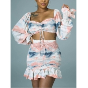 Lovely Sweet Tie Dye Flounce Design Pink Two Piece