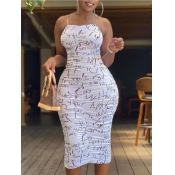 LW Casual Letter Print Ruched White Mid Calf Dress