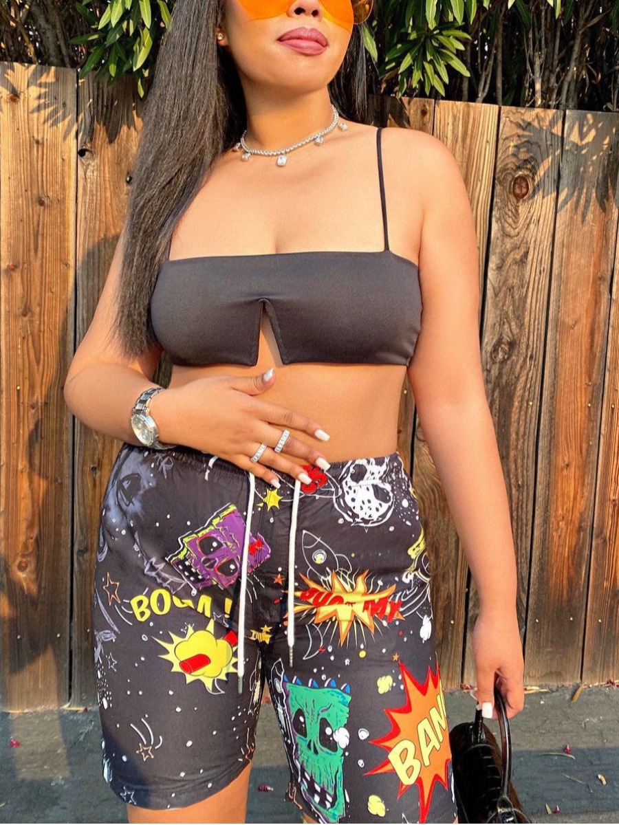 Lovely Street Letter Print Drawstring Black Two Piece Shorts Set