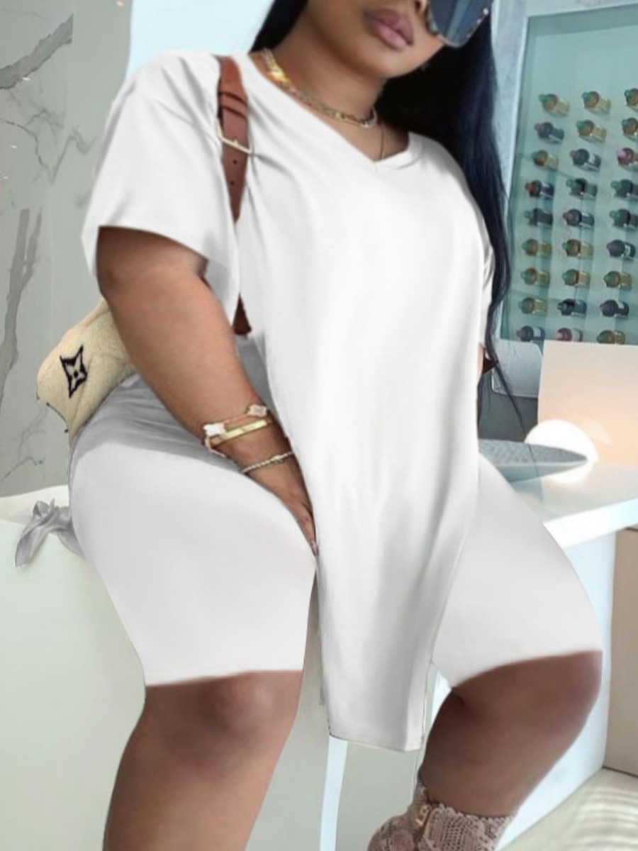LovelyWholesale Plus Size Casual V Neck Split White Two-piece Shorts Set Summer Short Sleeve Casual Basic V Neck  5X Spring Summer 2024