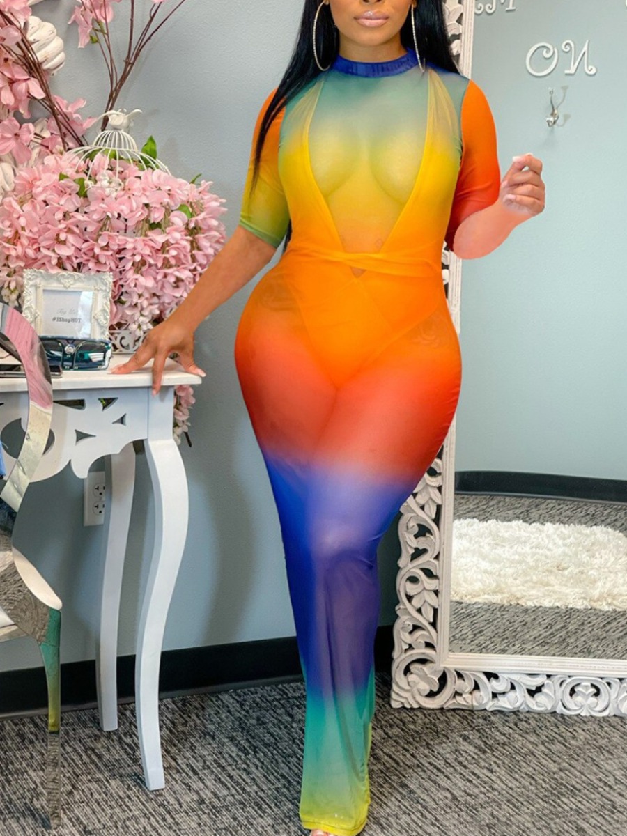 Lovely Plus Size Boho Gradient See-through Multicolor Floor Length Dress