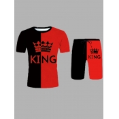 LW Men Casual Crown Letter Print Patchwork Red Two