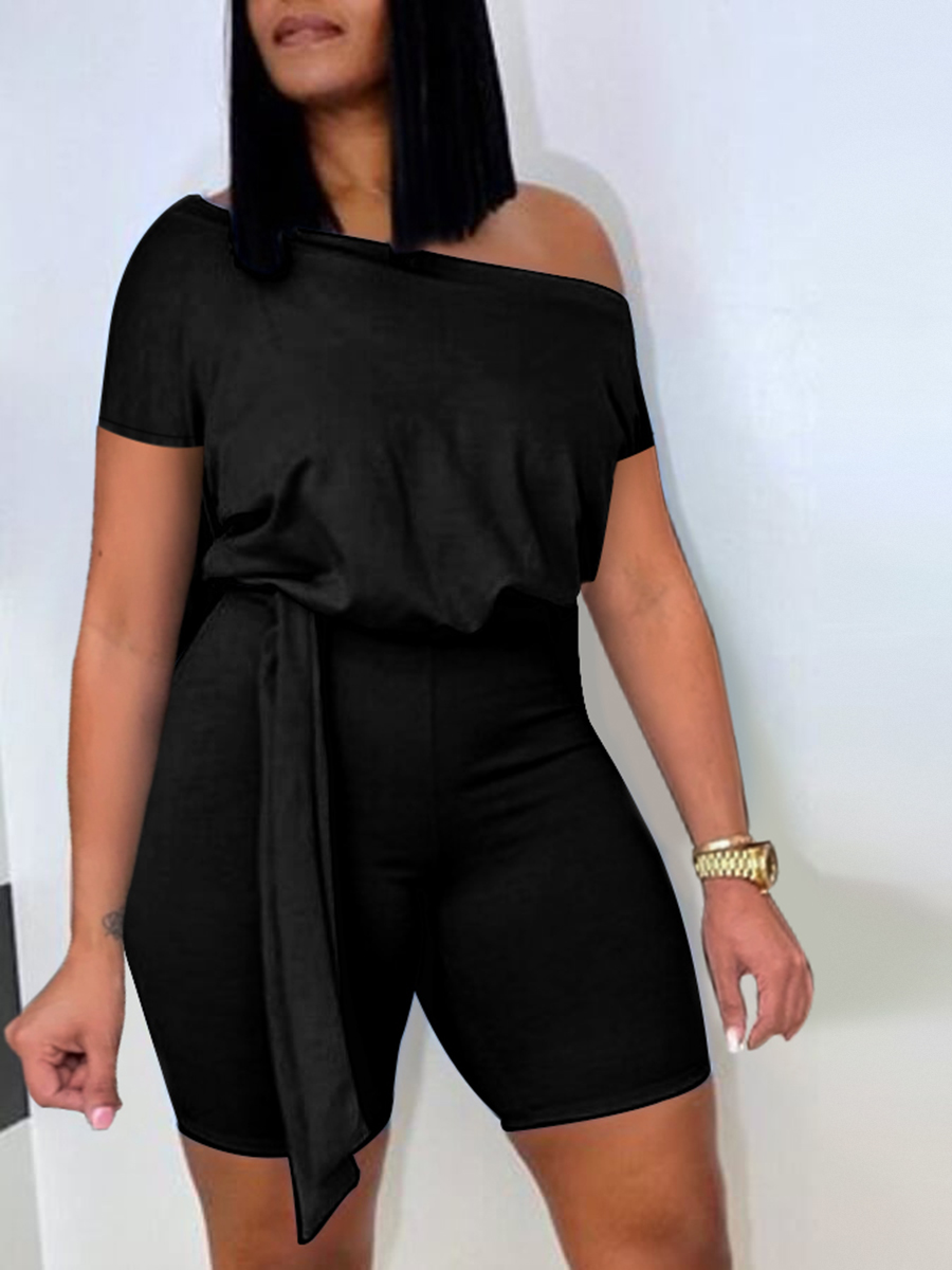 LW Casual Boat Neck Bandage Design Black One-piece Romper
