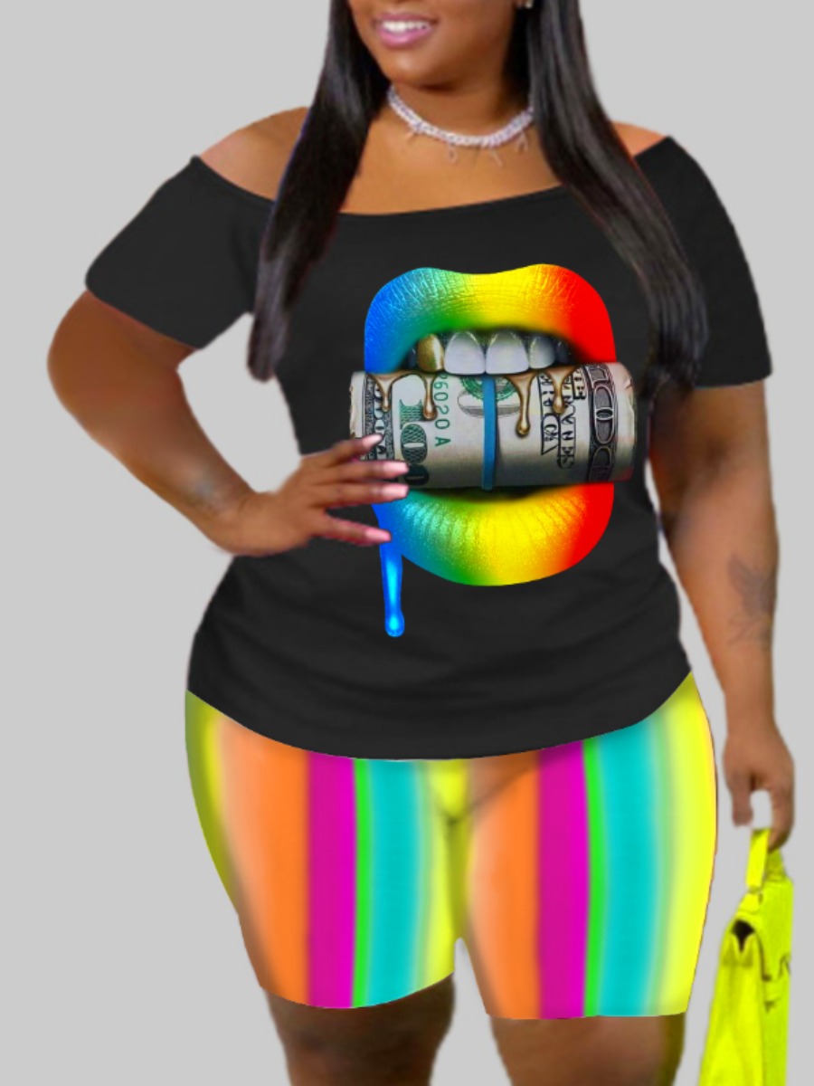 LW Plus Size Lip Print Striped Shorts Set