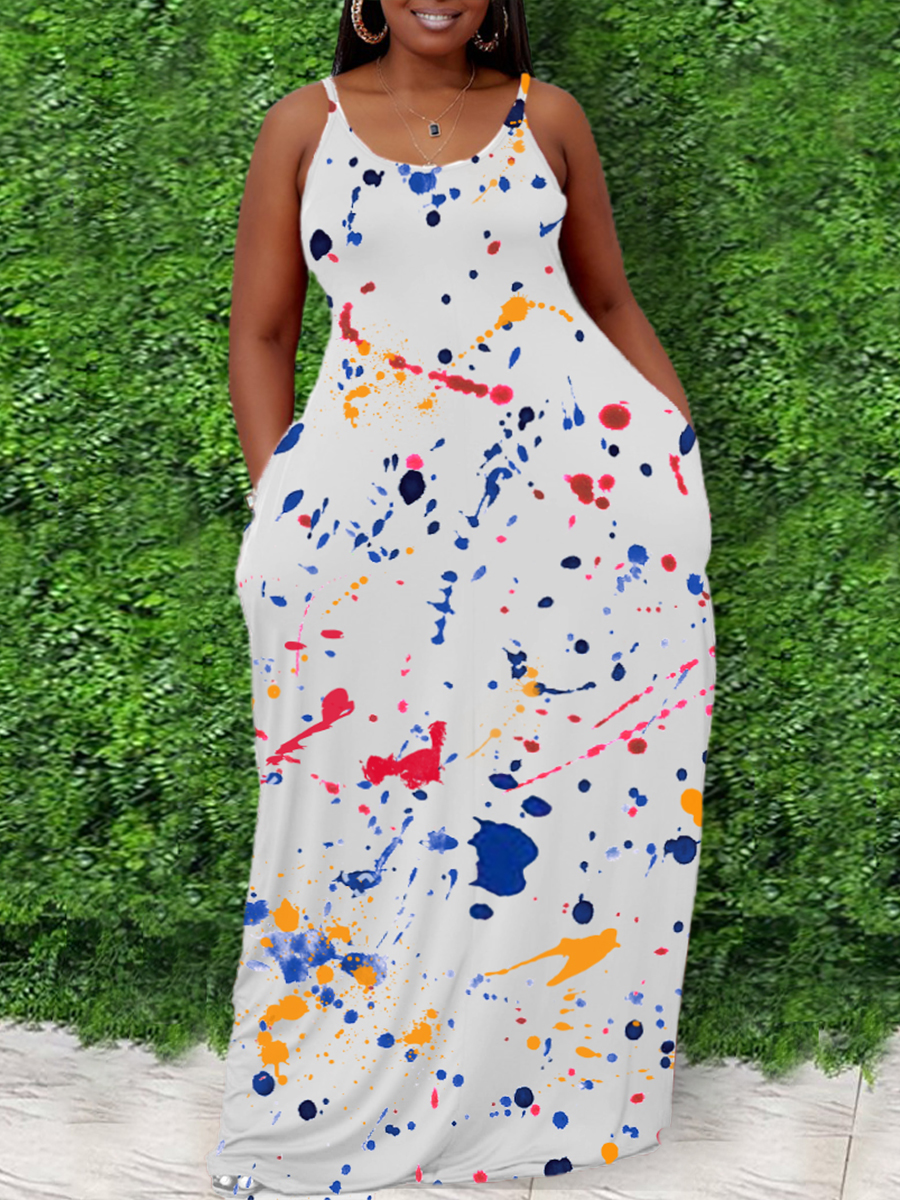 LW Plus Size Boho U Neck Splash-ink Design White Floor Length Dress