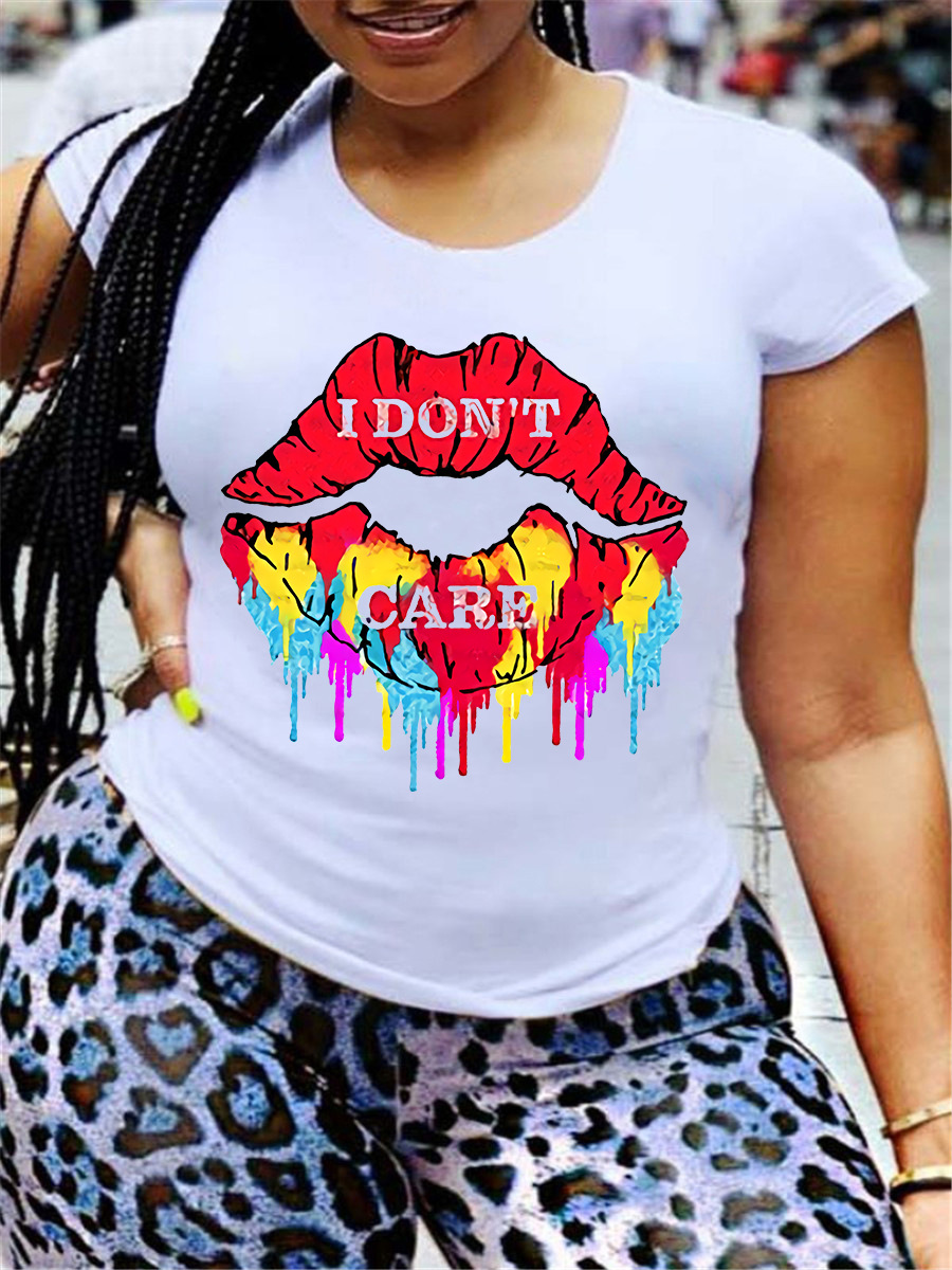 LovelyWholesale Casual Lip Letter Print White T-shirt Summer Short Sleeve Casual Basic Round Neck Spring Summer 2024