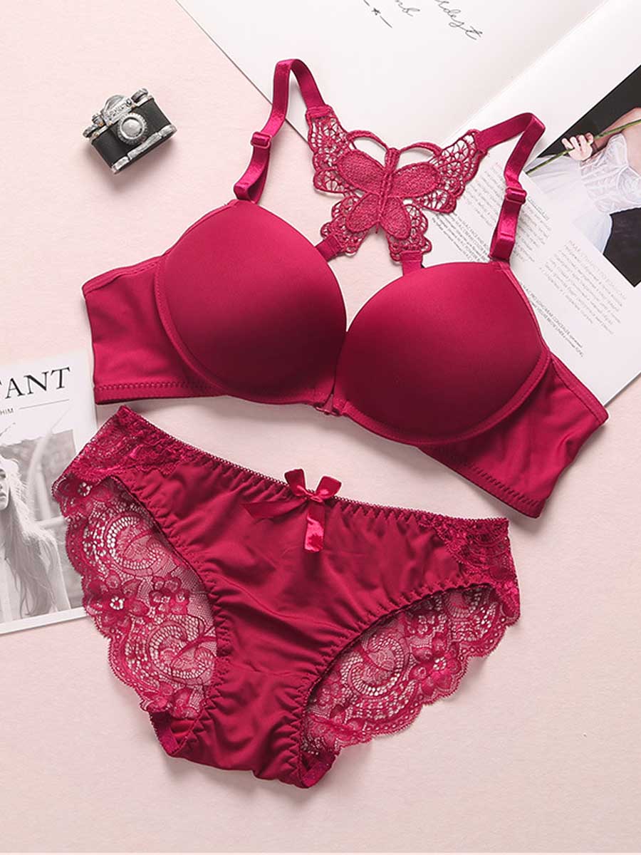 Lovely Sexy Lace Patchwork Red Bra Set
