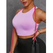 Lovely Sporty O Neck Crop Top Pink Camisole
