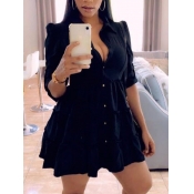 LW Casual Button Flounce Design Black Mini Shirt D