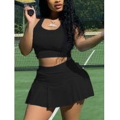 LW Sporty U Neck Flounce Design Black Two Piece Sk