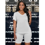 LW Casual V Neck White Two-piece Shorts Set
