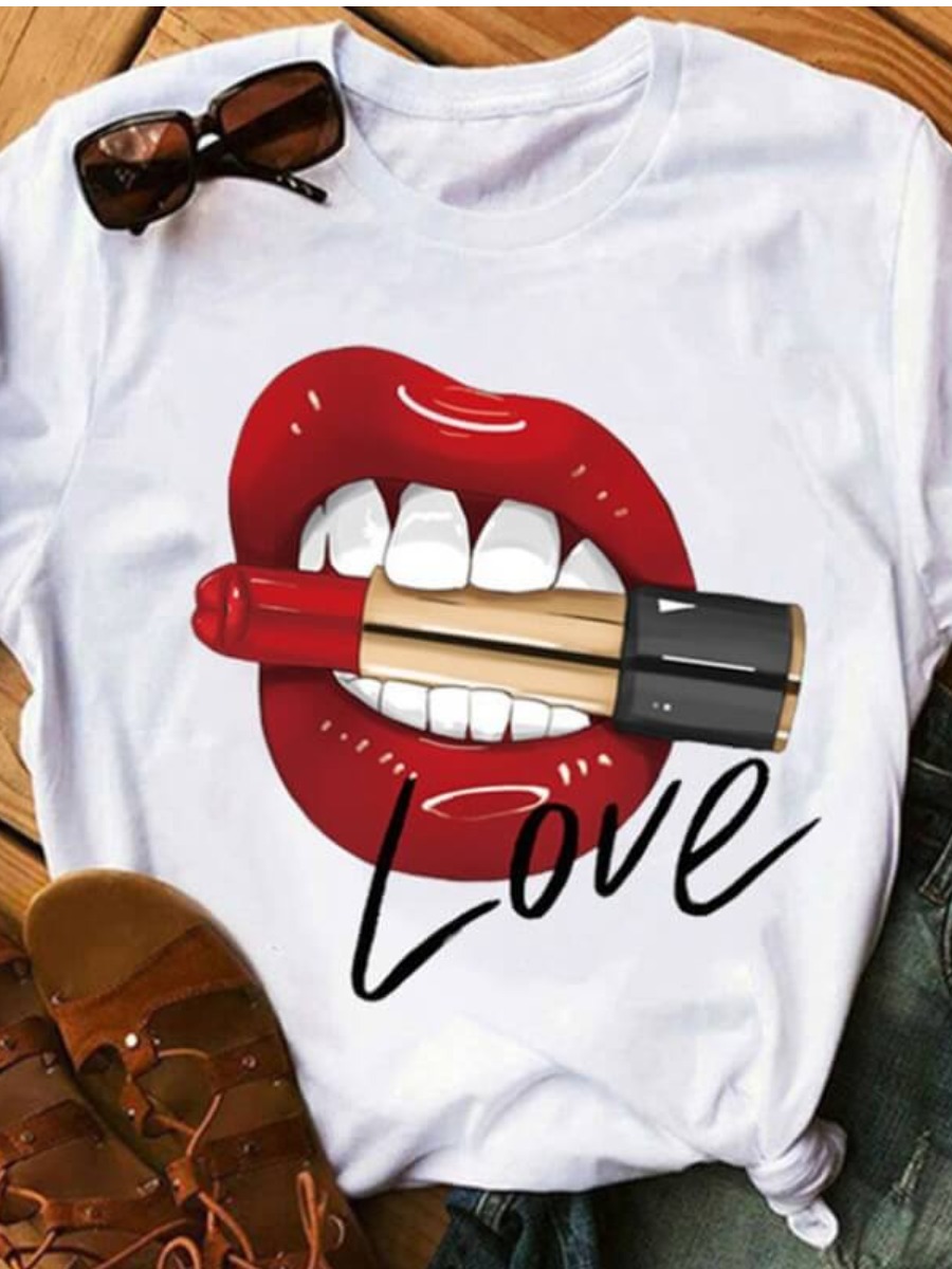 LovelyWholesale Leisure Lip Print Creamy White T-shirt Summer Short Sleeve Casual Basic Round Neck Spring Summer 2024