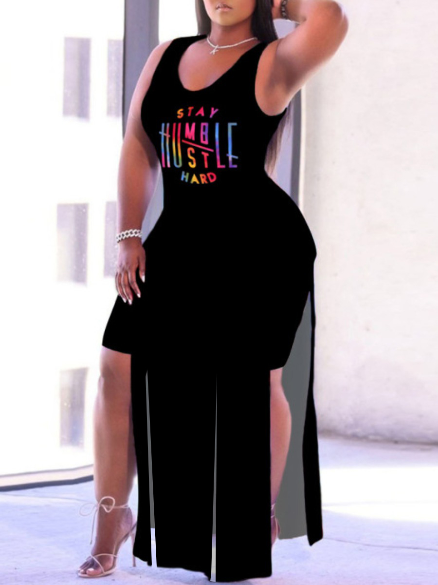 LW Plus Size Casual Letter Print Split Black Two-piece Shorts Set