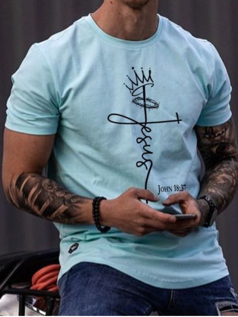 LW Men Casual Crown Letter Print Blue T-shirt