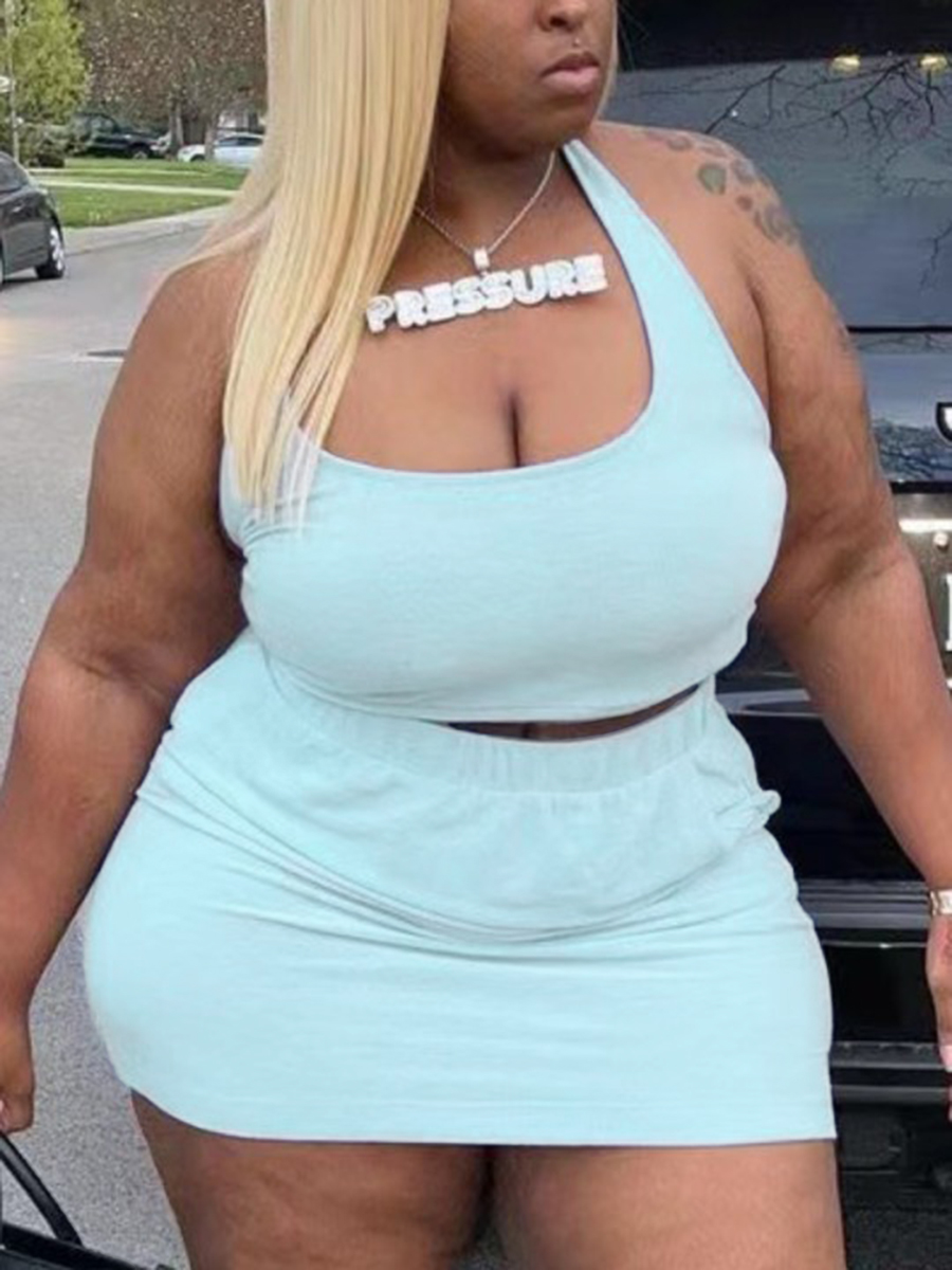 LW BASICS Plus Size Casual U Neck Elastic Baby Blue Two-piece Skirt Set