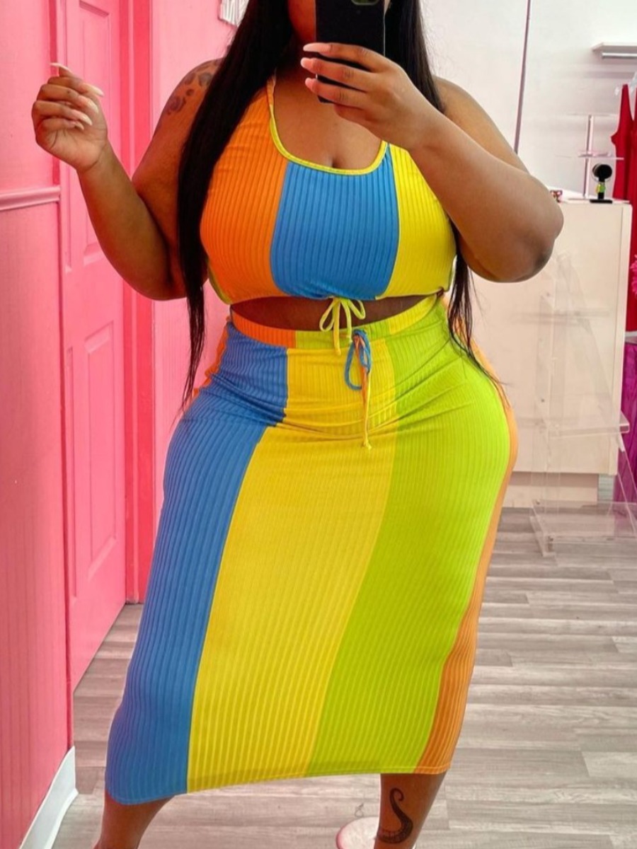 LW Plus Size Boho Patchwork Drawstring Multicolor Two-piece Skirt Set