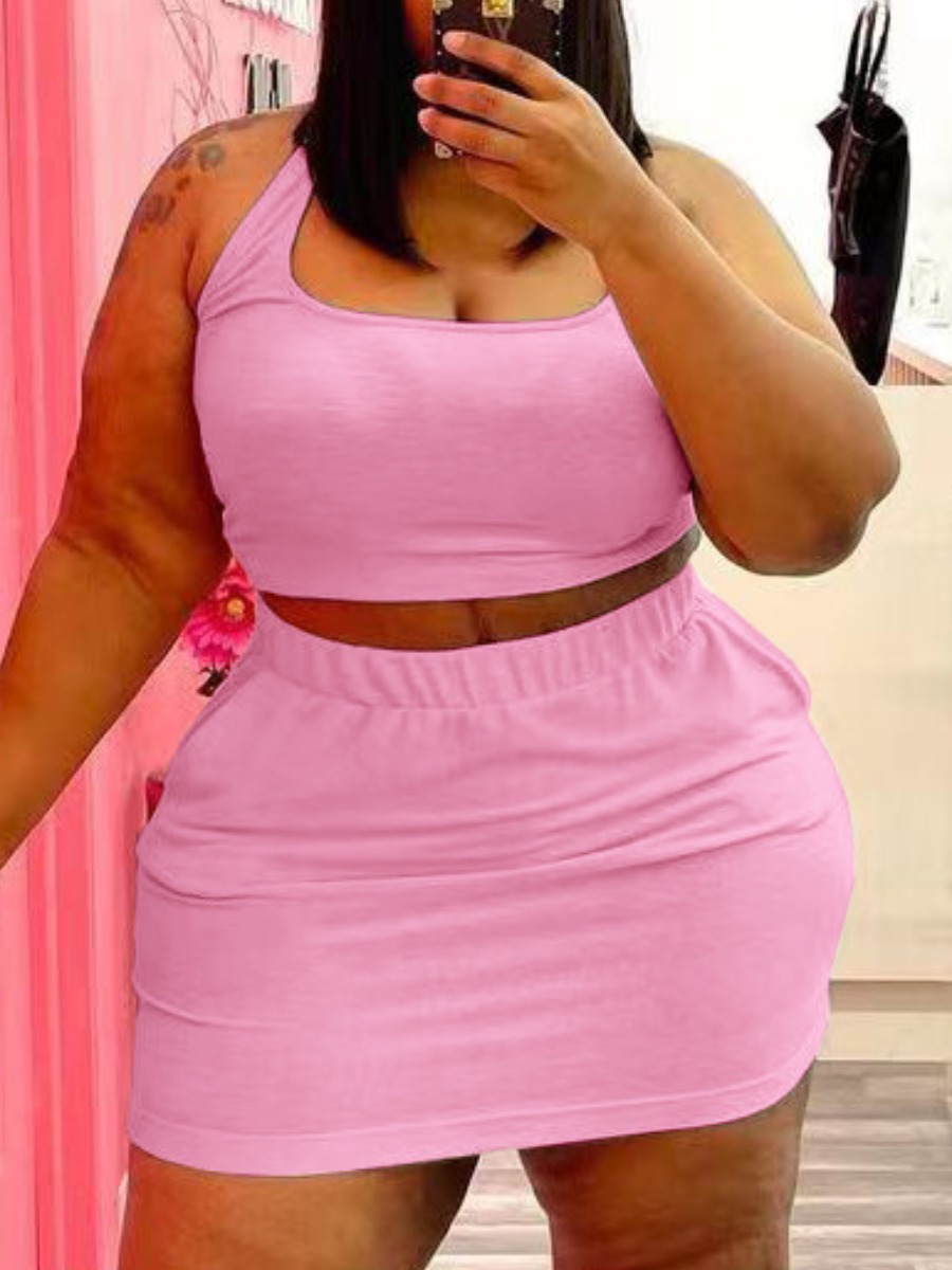 LW BASICS Plus Size U Neck Elastic Two-piece Skirt Set