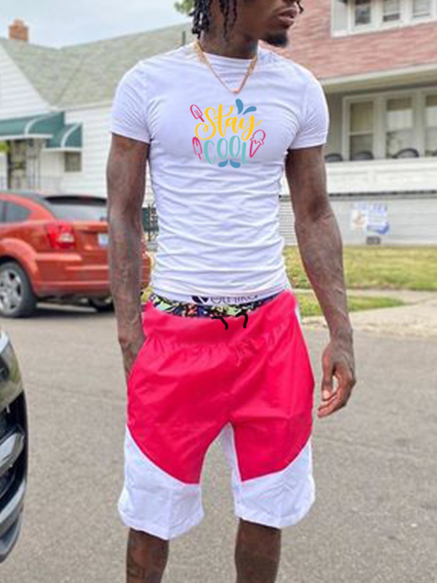 LovelyWholesale Men Casual Letter Print Color-lump White Two Piece Shorts Set Summer Short Sleeve Casual Patchwork Round Neck Spring Summer 2024