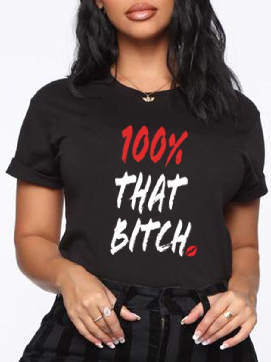 LW Round Neck Lip Letter Print T-shirt