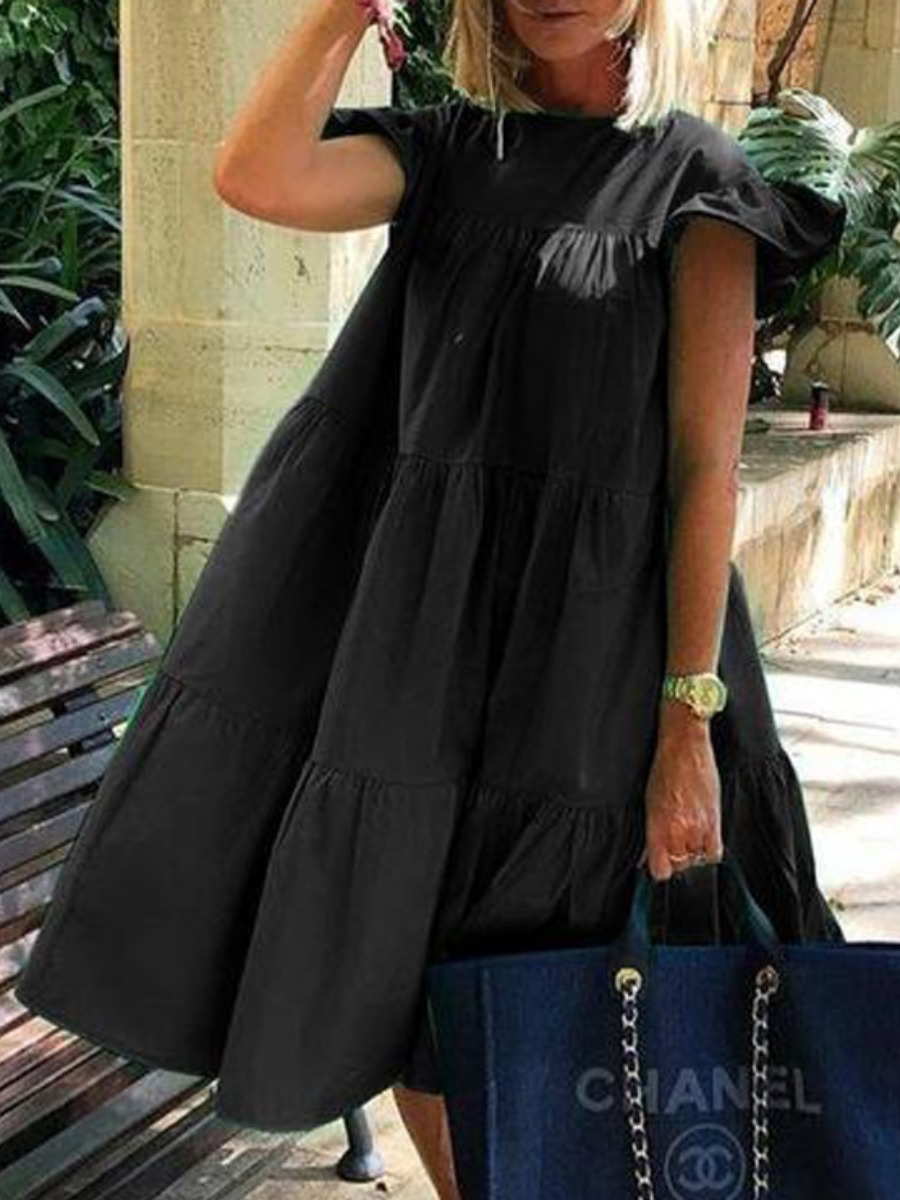 LovelyWholesale Round Neck Ruffle Design A Line Dress Summer Short Sleeve Sweet Basic Round Neck Spring Summer 2024