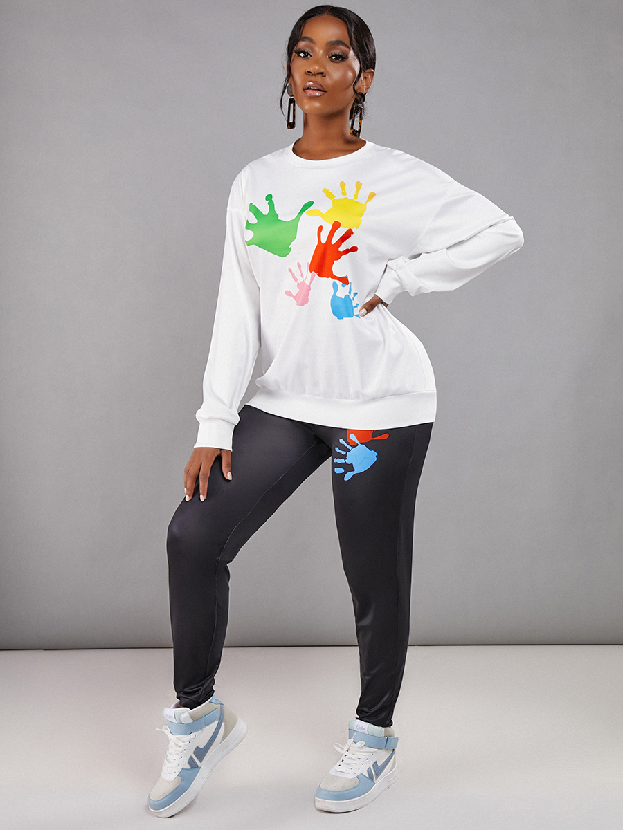 LovelyWholesale Palm Print Patchwork Pants Set Fall Long Sleeve Casual Basic Round Neck Spring Summer 2024