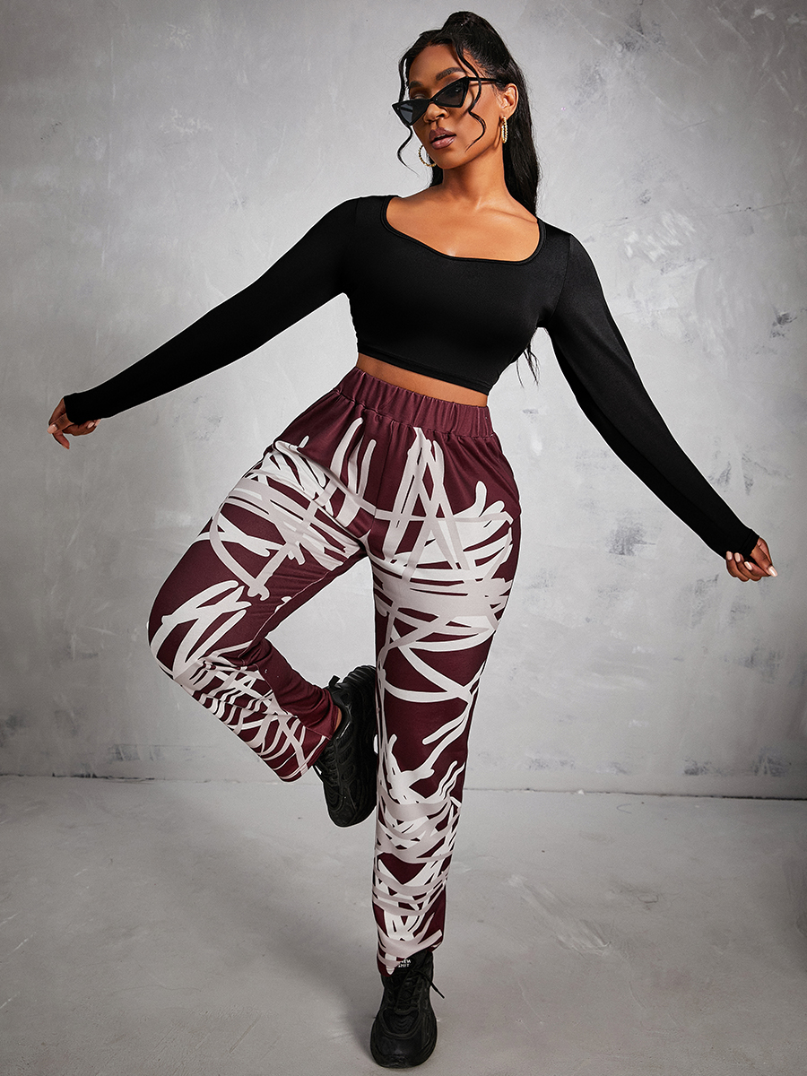 LW Stylish U Neck Print Wine Red Two Piece Pants Set