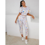 LW Casual O Neck Graffiti Print White Two Piece Pa