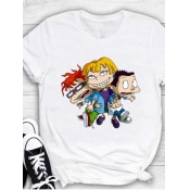 LW Leisure O Neck Cartoon Print Whtie T-shirt