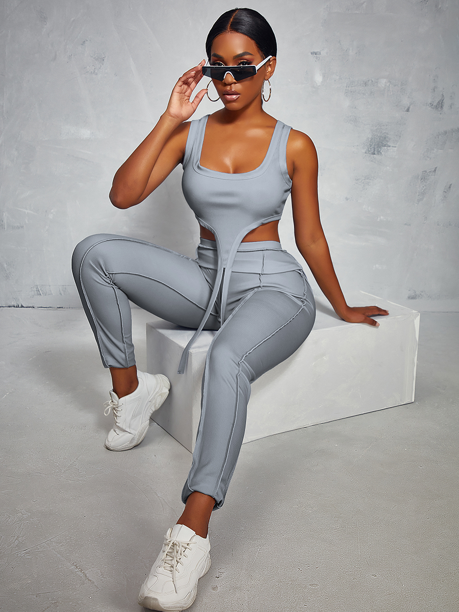 LW Crop Top Asymmetrical Two Piece Pants Set