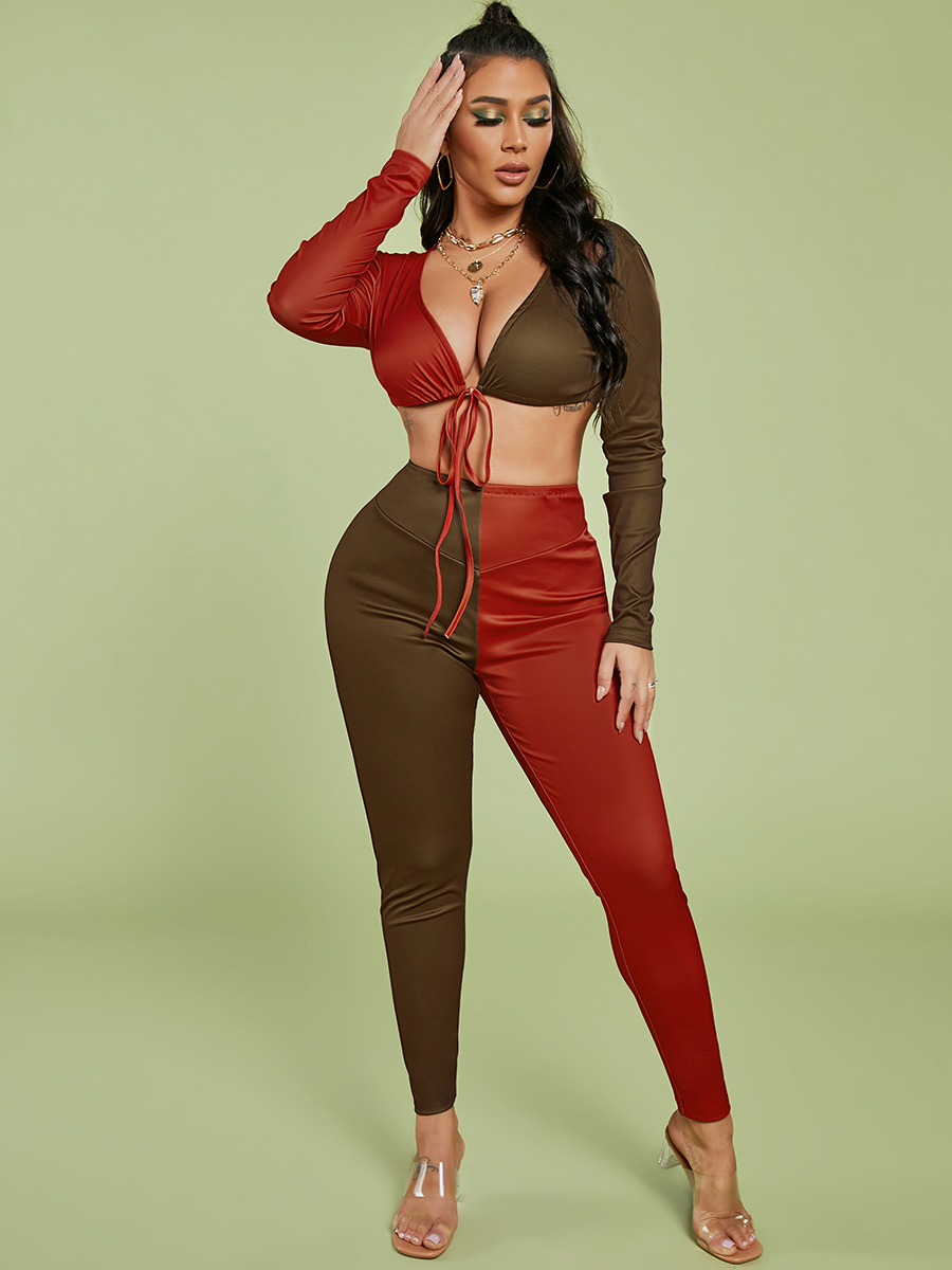 LW SXY Color-lump Crop Top Pants Set