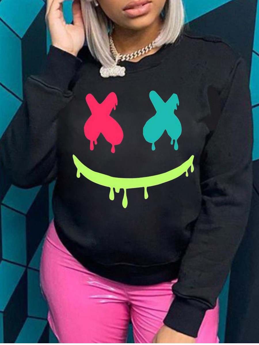 LovelyWholesale Round Neck Letter Print Sweatshirt Fall Long Sleeve Casual Basic Round Neck Spring Summer 2024