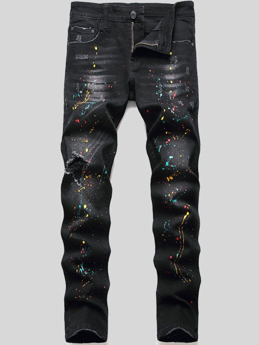 LW Men High Stretchy Graffiti Ripped Jeans