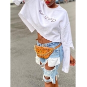 LW Leisure O Neck Broken Holes Letter White Blouse