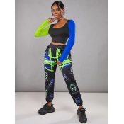 LW U Neck Print Patchwork Pants Set